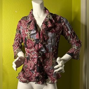 Sunny Leigh Red Paisley and Leopard Print Button-up Blouse with Ruffling